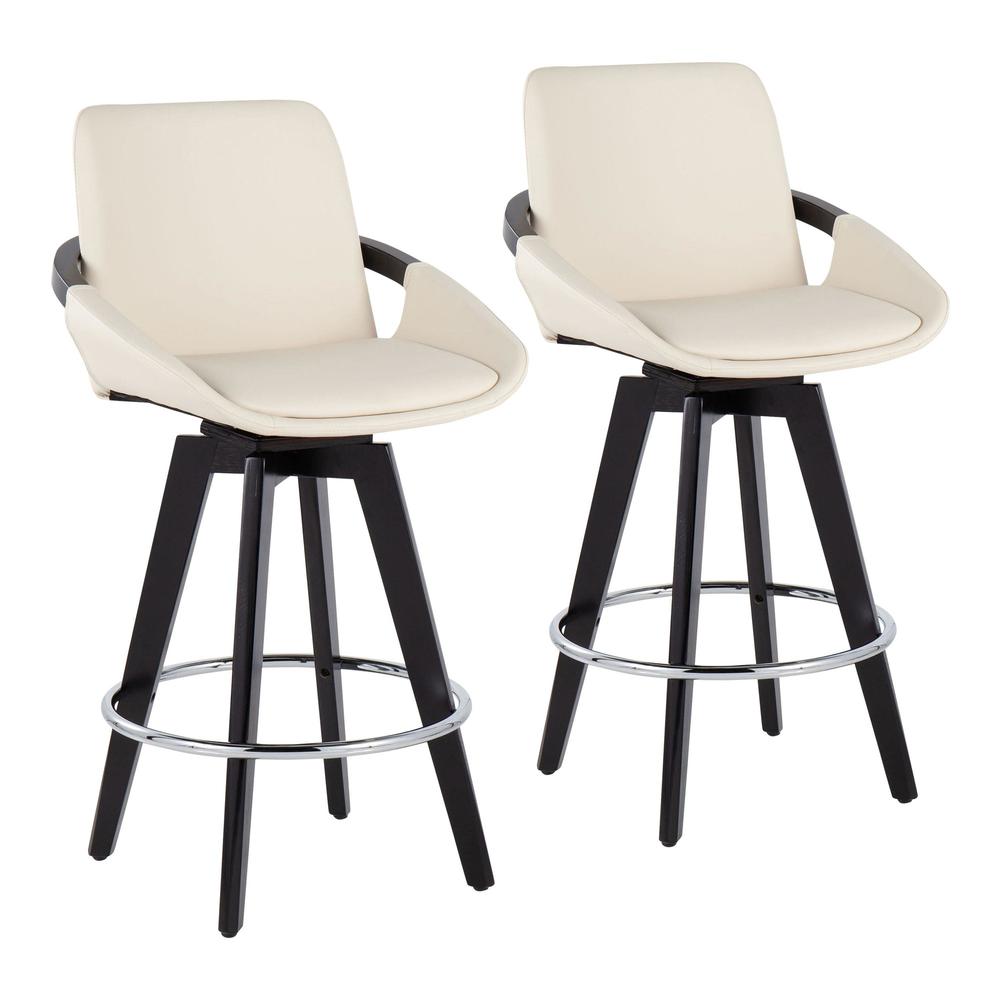 Black Wood, Chrome, Cream PU Cosmo Swivel Fixed-Height Counter Stool - Set of 2. Picture 1