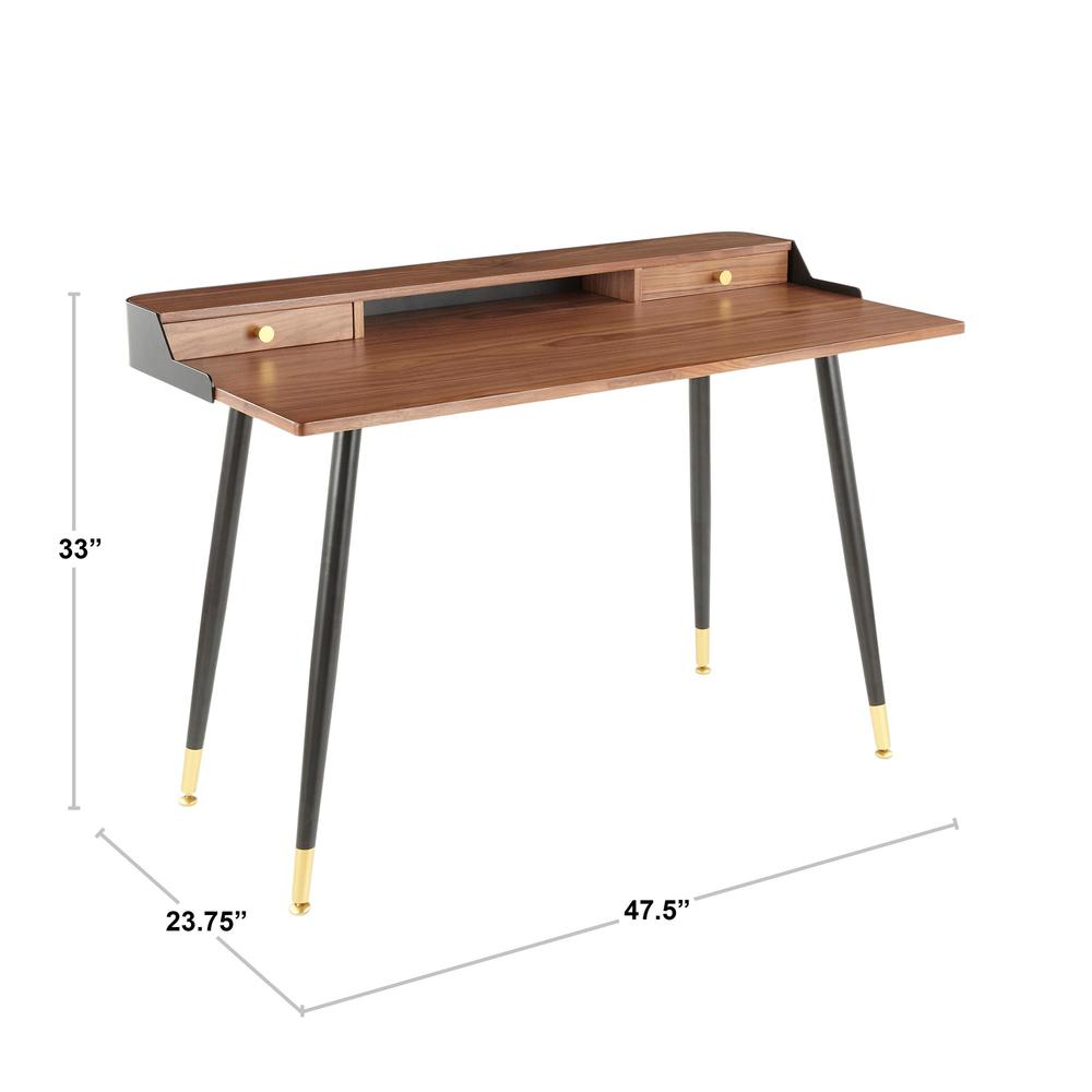 Harvey Mid-Century Modern Desk in Black Metal and Walnut Wood with Gold Accent. Picture 7
