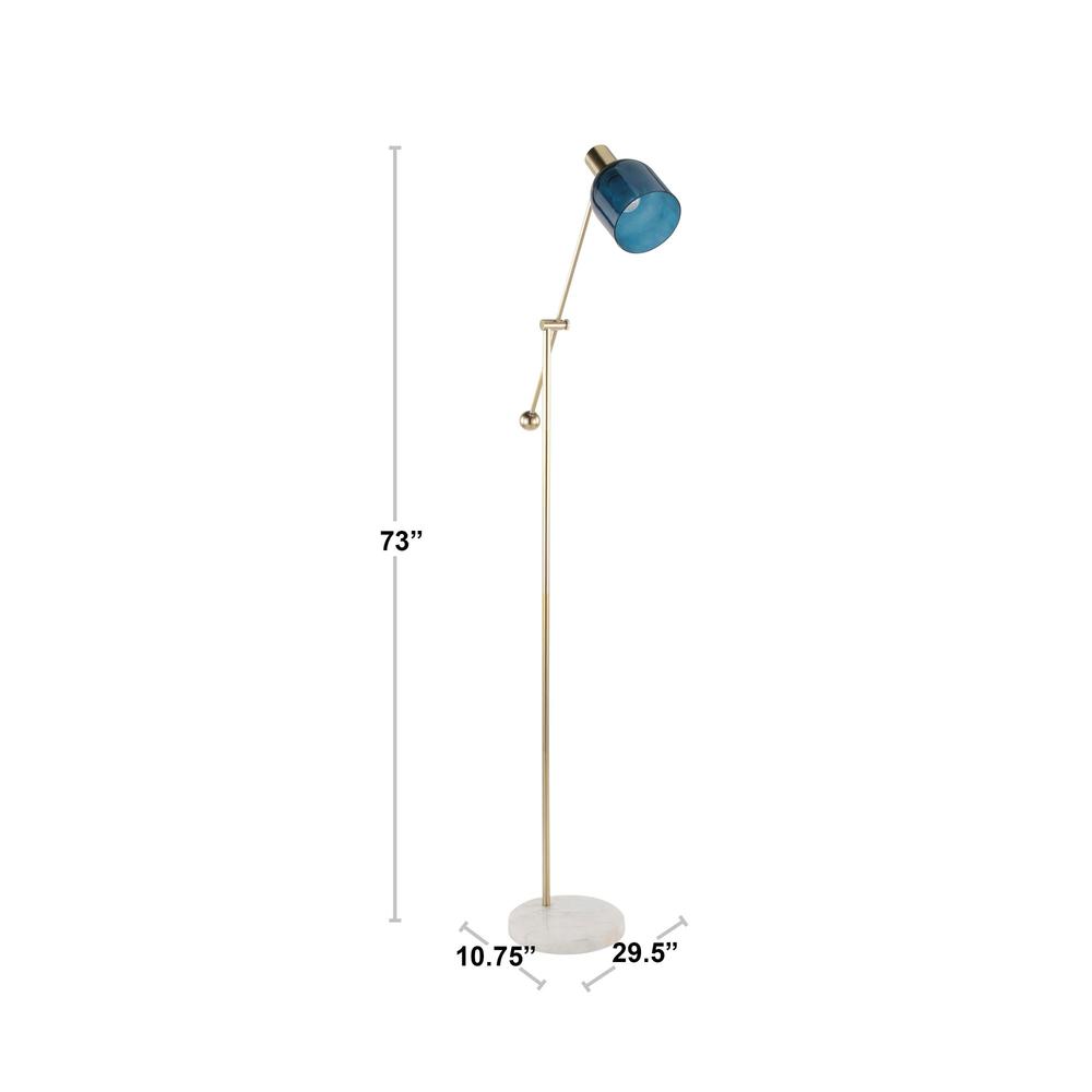 Marcel Contemporary Floor Lamp in White Marble, Gold Metal and Blue Glass. Picture 12