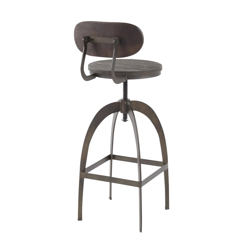 Dakota Industrial Mid-Back Barstool in Antique Metal and Espresso Wood-Pressed Grain Bamboo. Picture 3