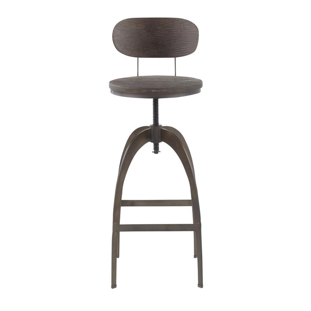 Dakota Industrial Mid-Back Barstool in Antique Metal and Espresso Wood-Pressed Grain Bamboo. Picture 5