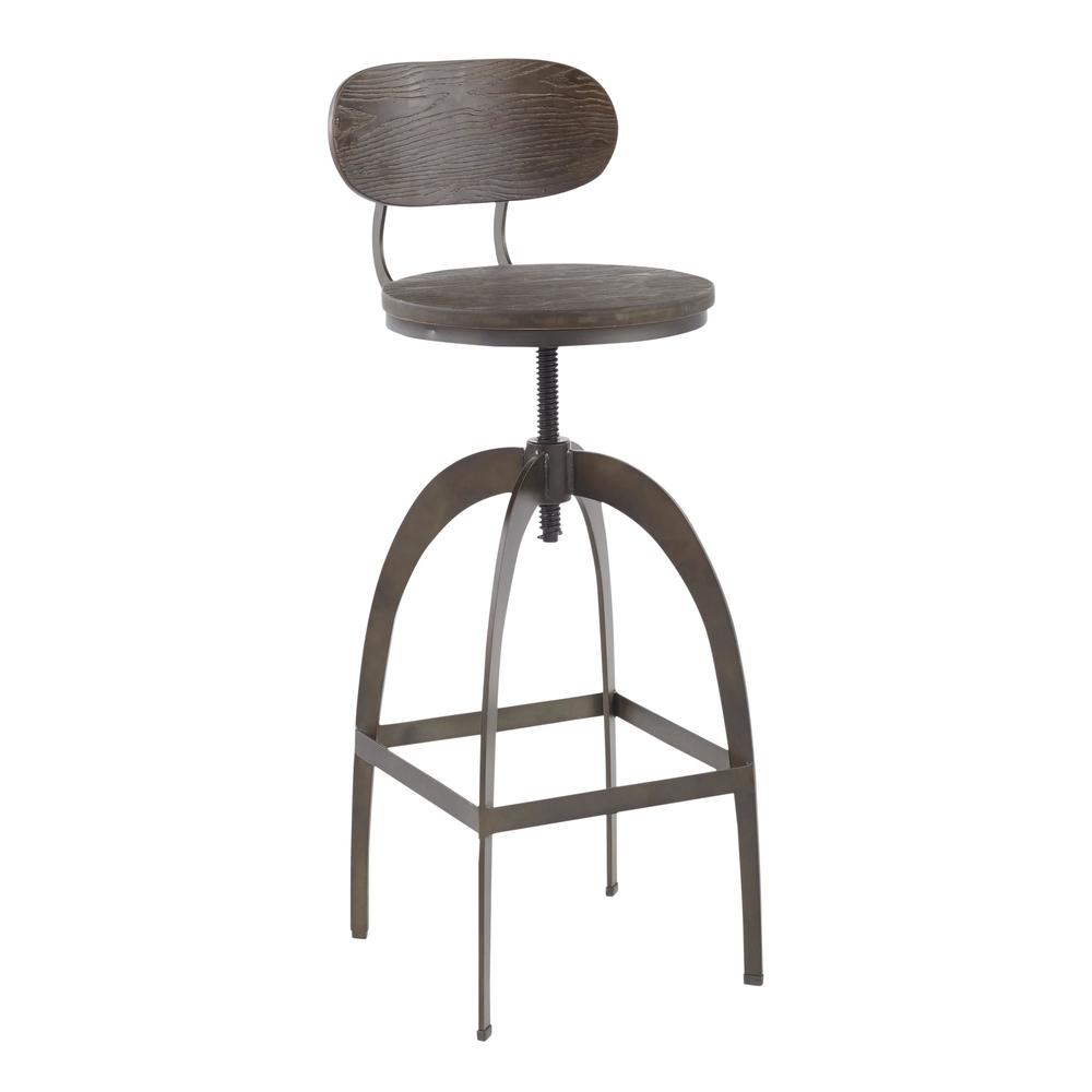 Dakota Industrial Mid-Back Barstool in Antique Metal and Espresso Wood-Pressed Grain Bamboo. Picture 1