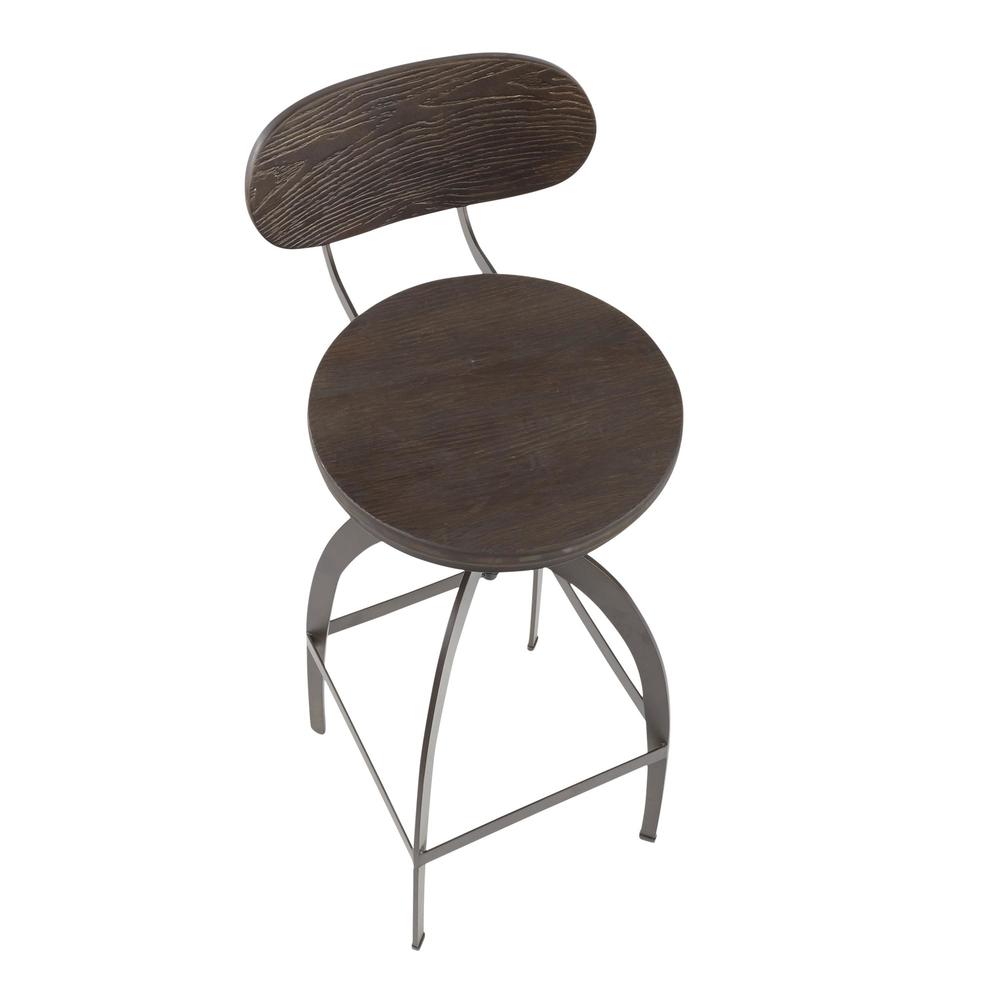 Dakota Industrial Mid-Back Barstool in Antique Metal and Espresso Wood-Pressed Grain Bamboo. Picture 6