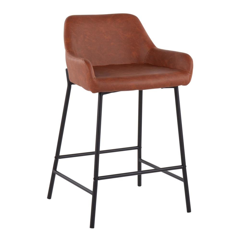 Daniella Industrial Counter Stool in Black Metal and Camel Faux Leather - Set of 2. Picture 2