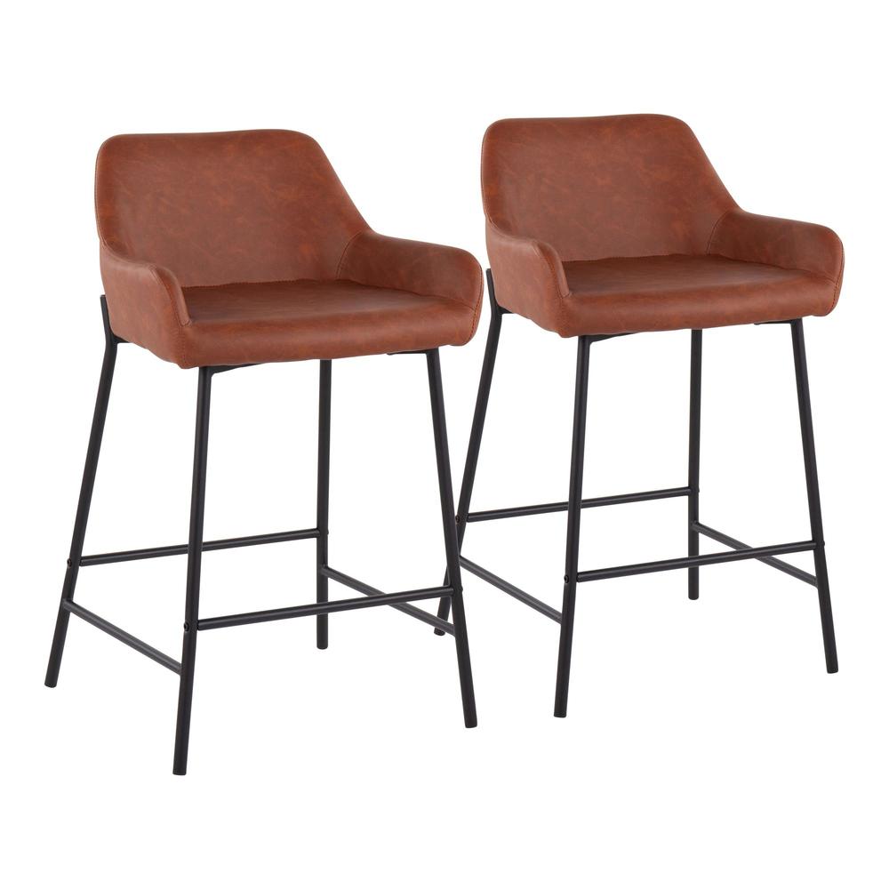 Daniella Industrial Counter Stool in Black Metal and Camel Faux Leather - Set of 2. Picture 1