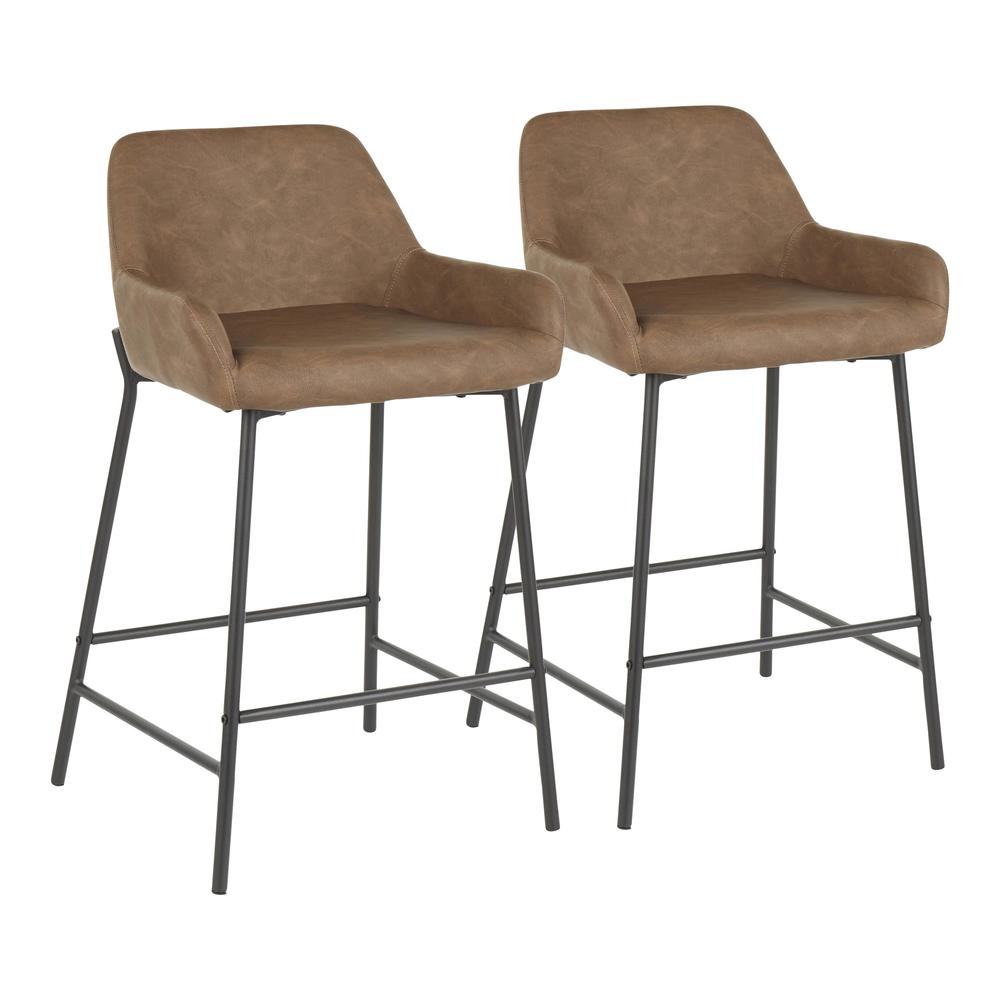 Daniella Industrial Counter Stool in Black Metal and Espresso Faux Leather - Set of 2. Picture 1