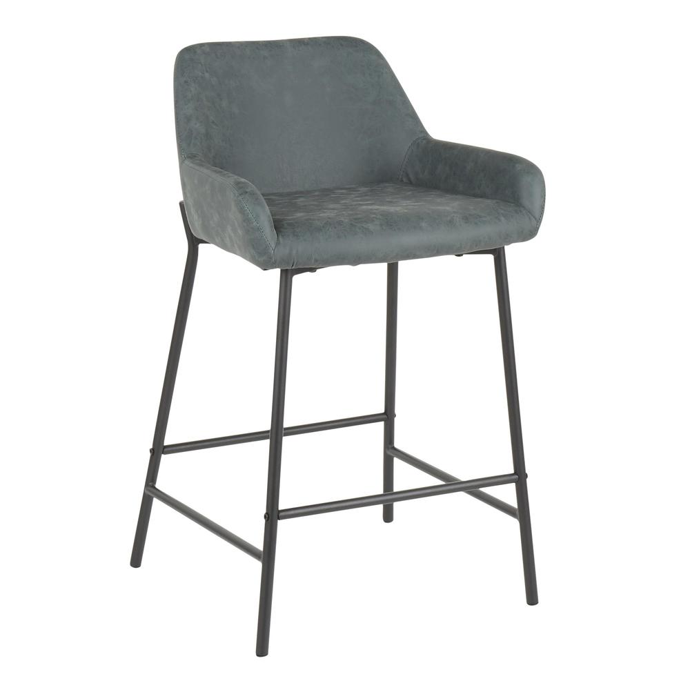 Daniella Industrial Counter Stool in Black Metal and Green Faux Leather - Set of 2. Picture 2