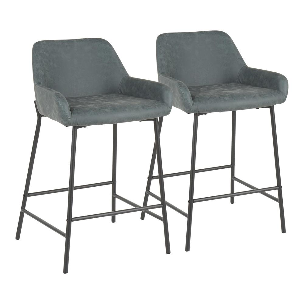 Daniella Industrial Counter Stool in Black Metal and Green Faux Leather - Set of 2. Picture 1