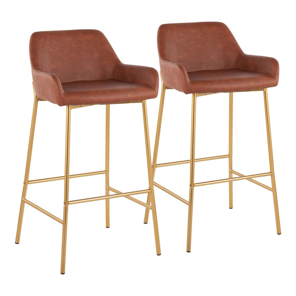 Gold Metal, Camel PU Daniella Fixed-Height Bar Stool - Set of 2. Picture 1