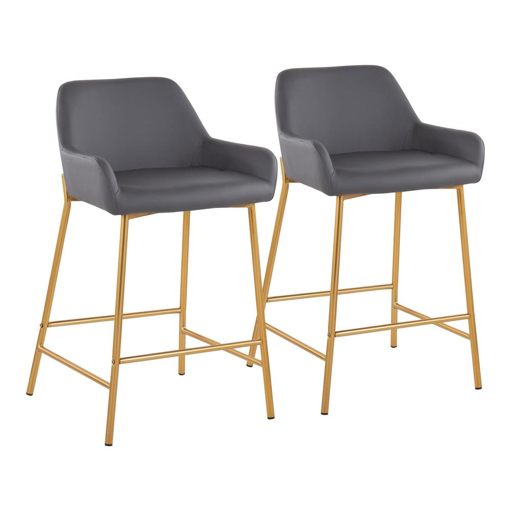 Gold Metal, Grey PU Daniella Fixed-Height Counter Stool - Set of 2. Picture 1