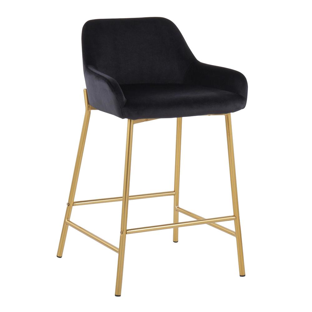 Gold Metal, Black Velvet Daniella Fixed-Height Counter Stool - Set of 2. Picture 2