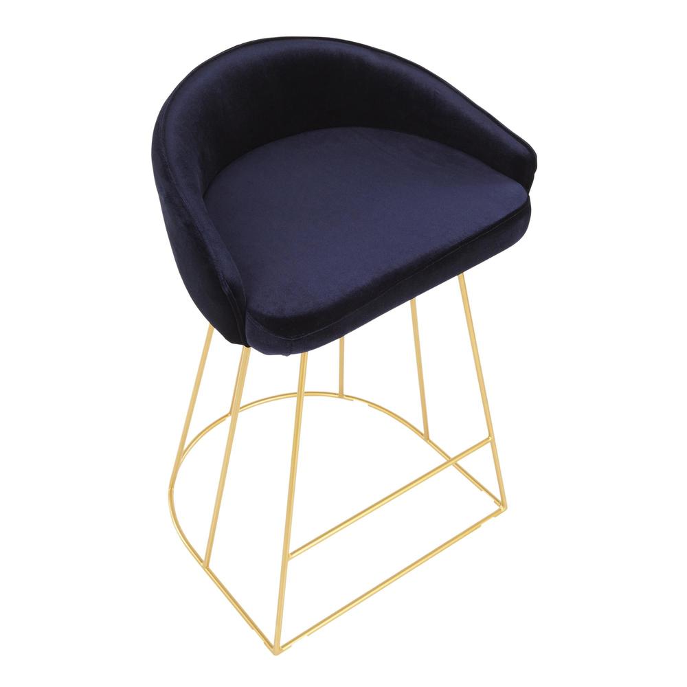 Canary Contemporary Counter Stool in Gold with Blue Velvet - Set of 2. Picture 7
