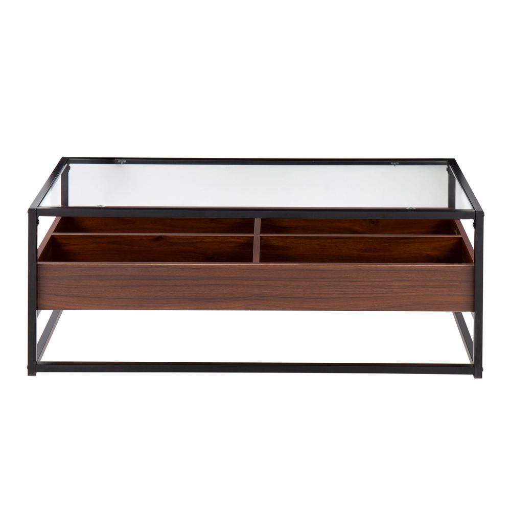 Black Steel, Walnut Wood, Clear Glass Display Coffee Table. Picture 4