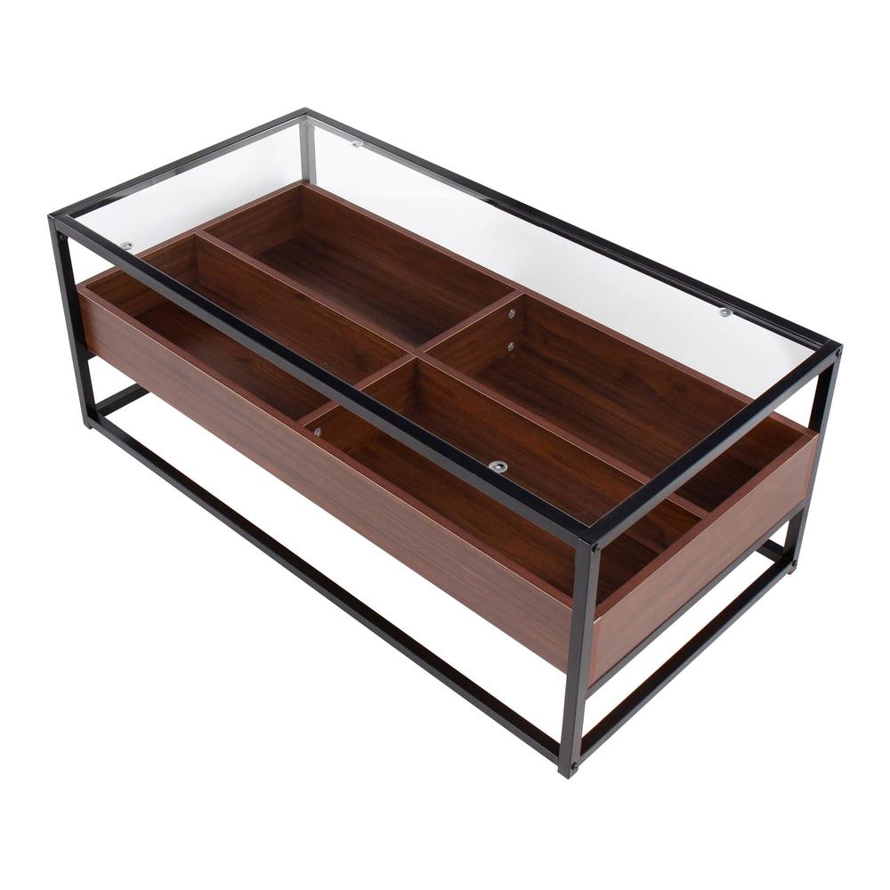 Black Steel, Walnut Wood, Clear Glass Display Coffee Table. Picture 5