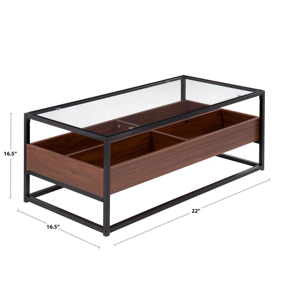 Black Steel, Walnut Wood, Clear Glass Display Coffee Table. Picture 6