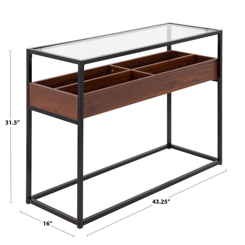 Black Steel, Walnut Wood, Clear Glass Display Console Table. Picture 6