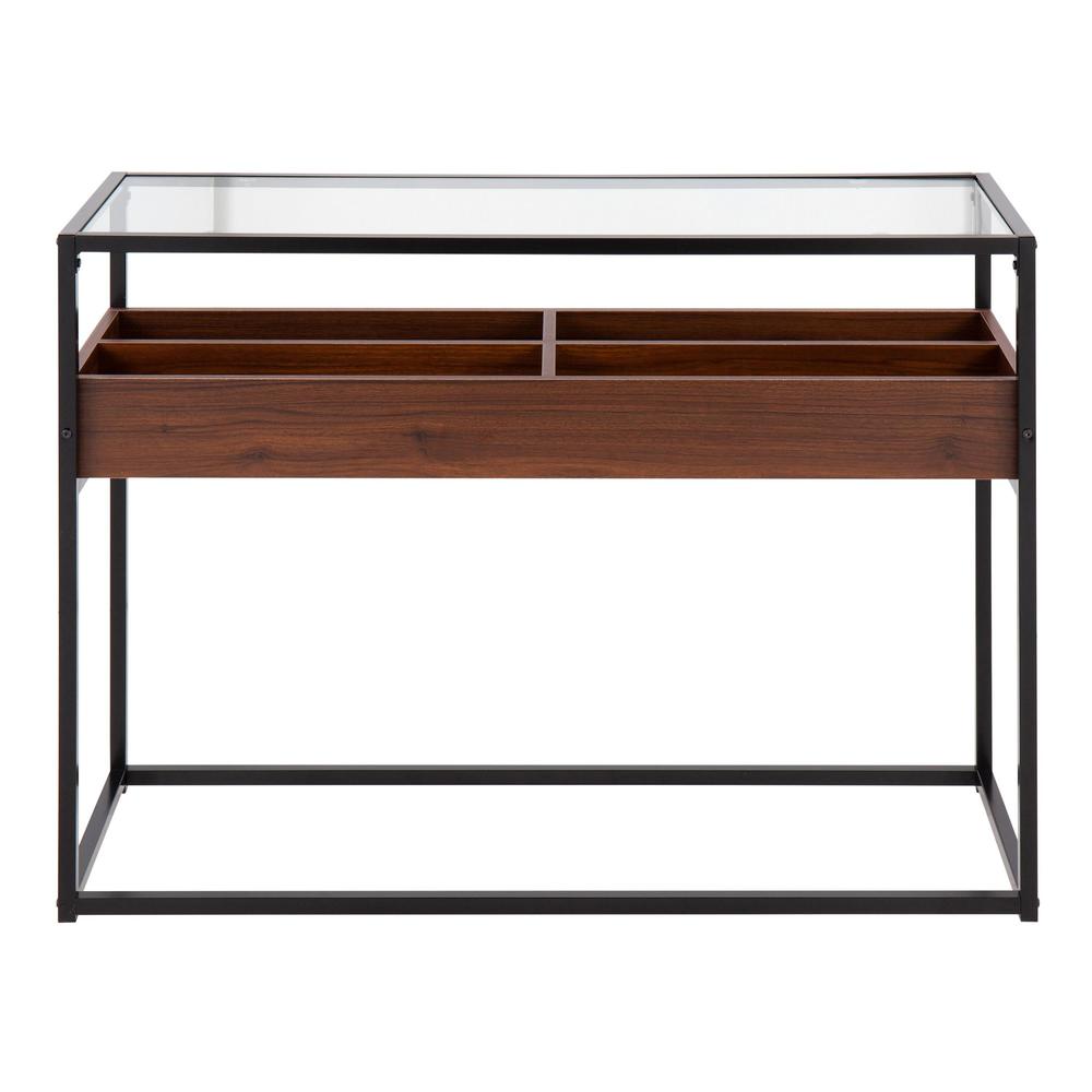 Black Steel, Walnut Wood, Clear Glass Display Console Table. Picture 4