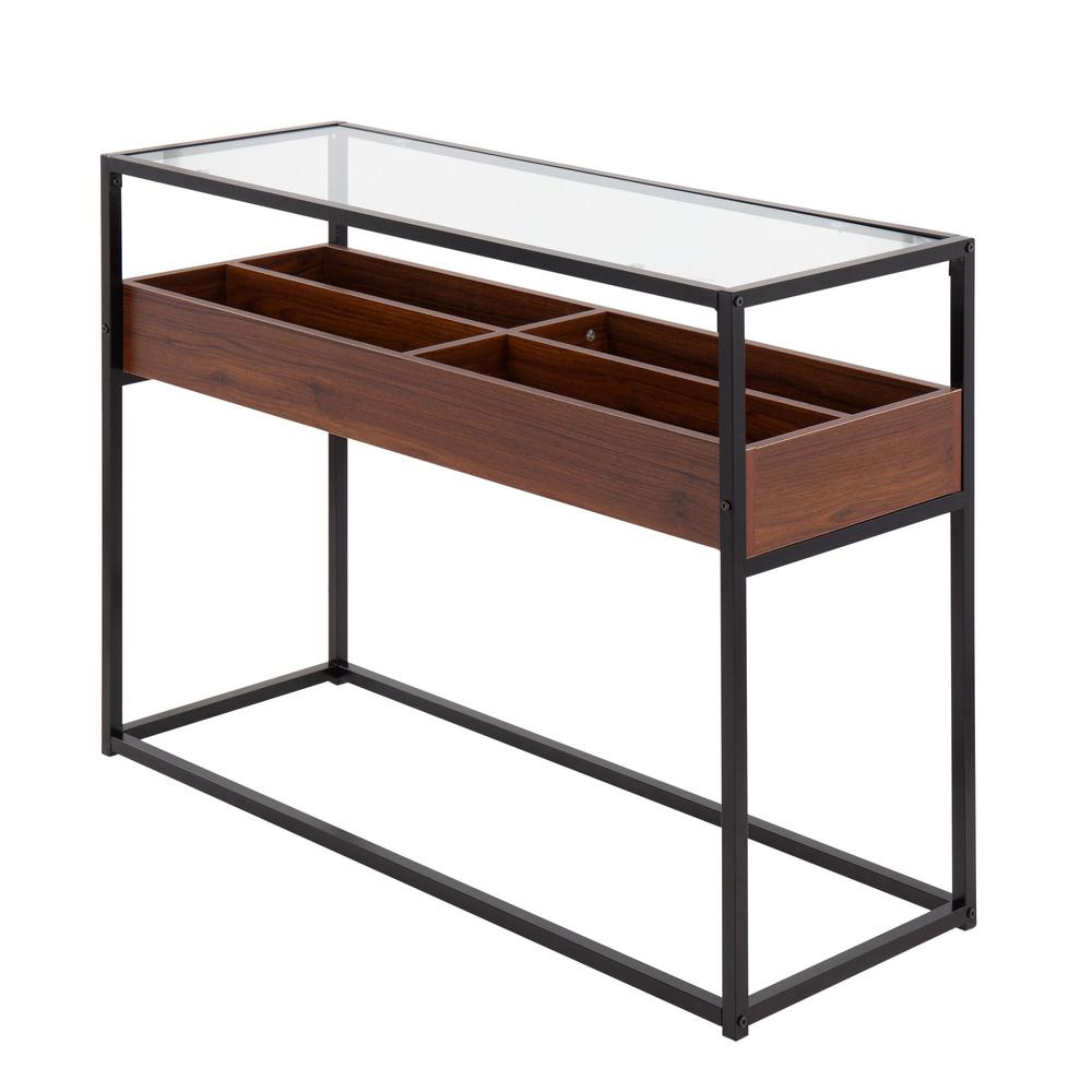 Black Steel, Walnut Wood, Clear Glass Display Console Table. Picture 3