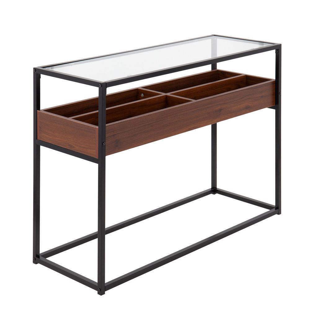 Black Steel, Walnut Wood, Clear Glass Display Console Table. Picture 1
