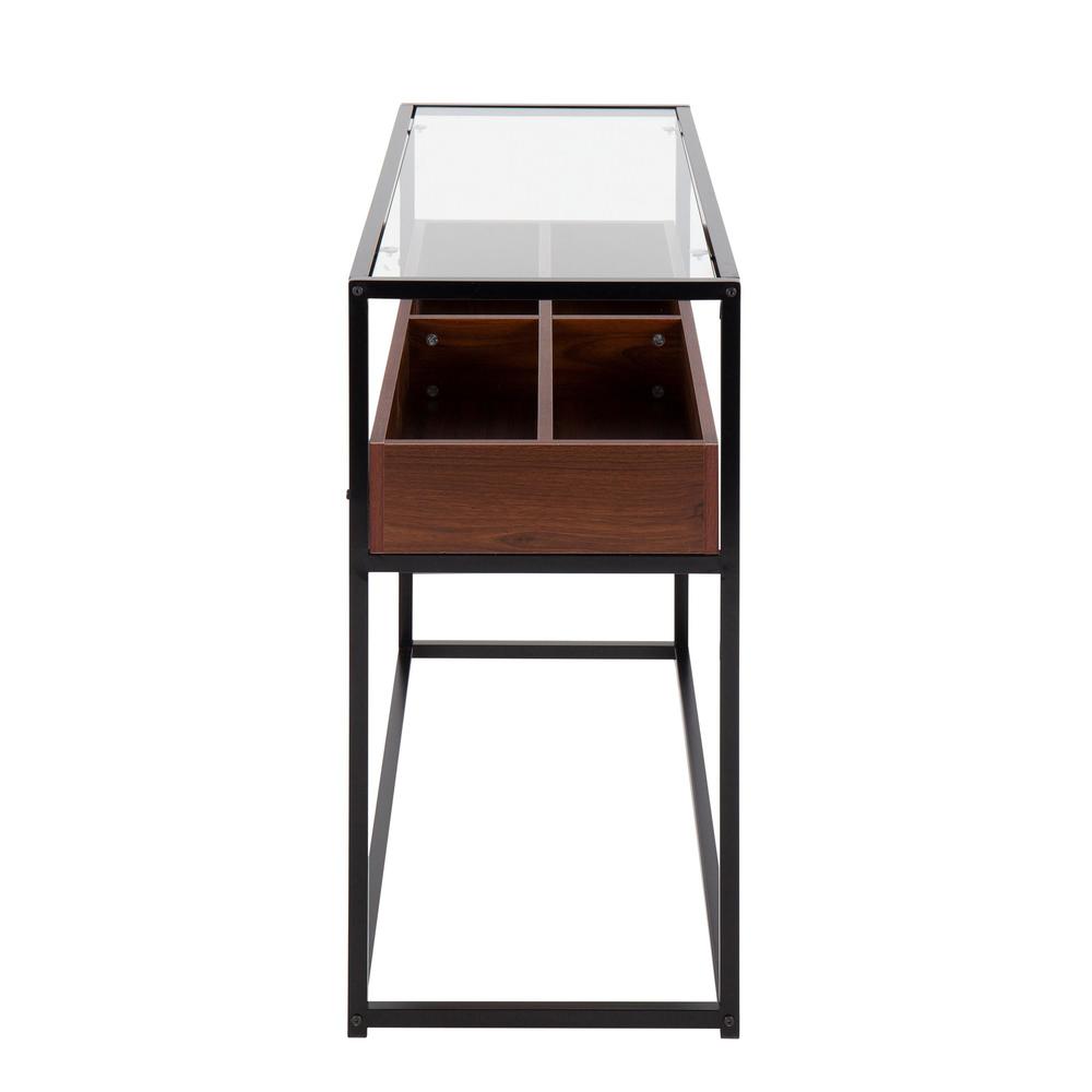 Black Steel, Walnut Wood, Clear Glass Display Console Table. Picture 2