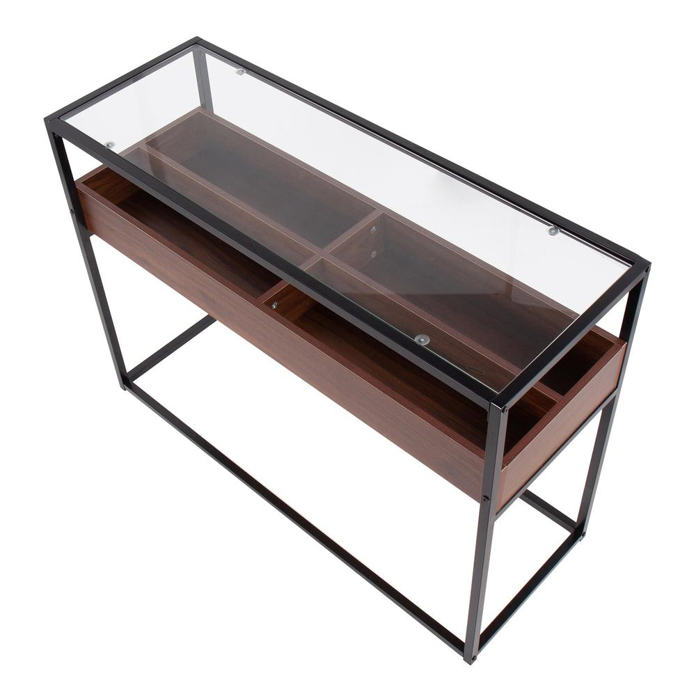 Black Steel, Walnut Wood, Clear Glass Display Console Table. Picture 5