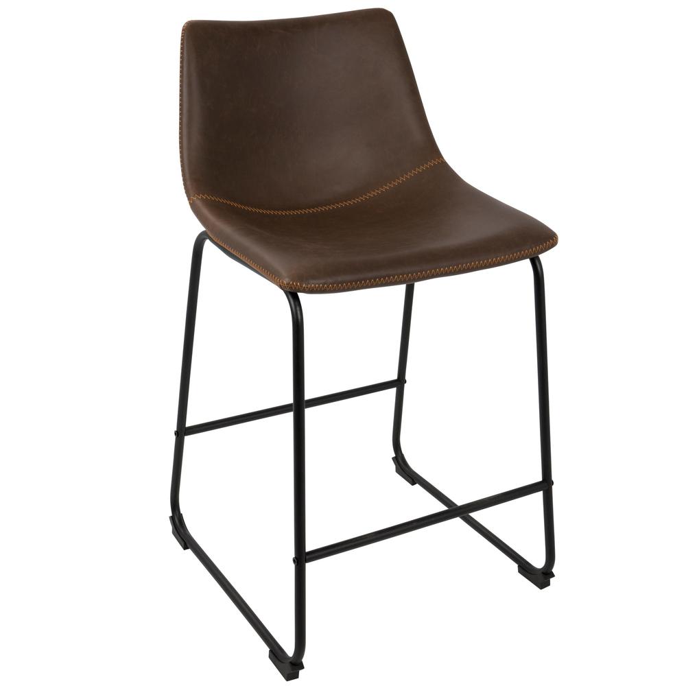 Duke 26" Industrial Counter Stool in Black with Espresso Faux Leather and Orange Stitching - Set of 2. Picture 2