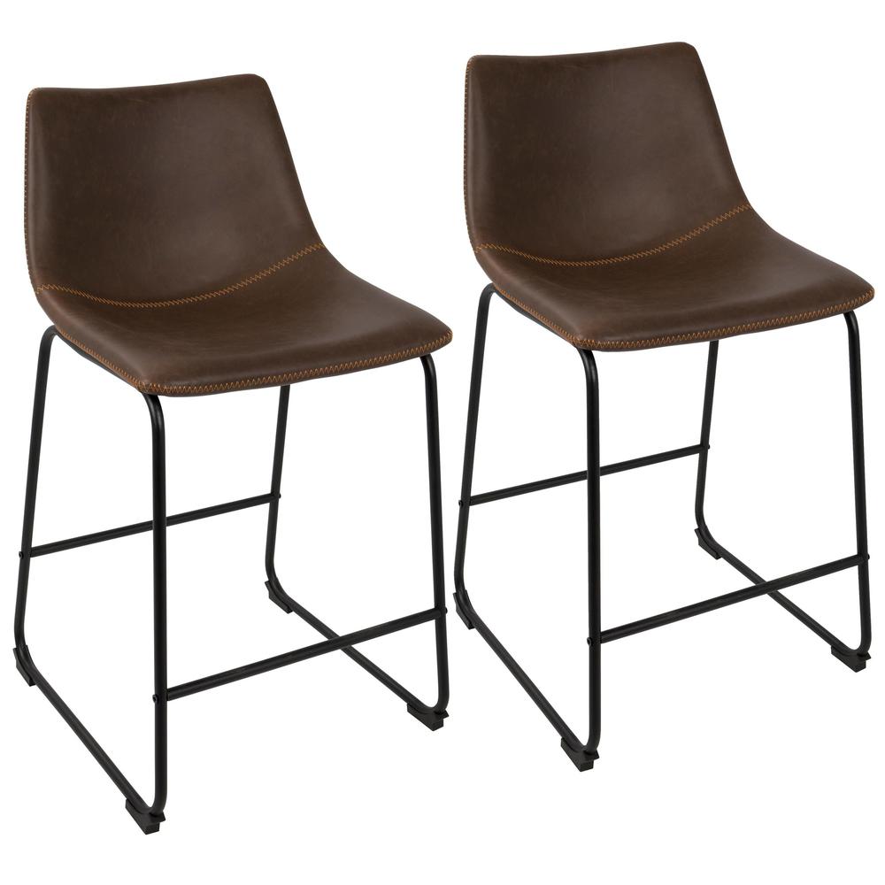 Duke 26" Industrial Counter Stool in Black with Espresso Faux Leather and Orange Stitching - Set of 2. Picture 1