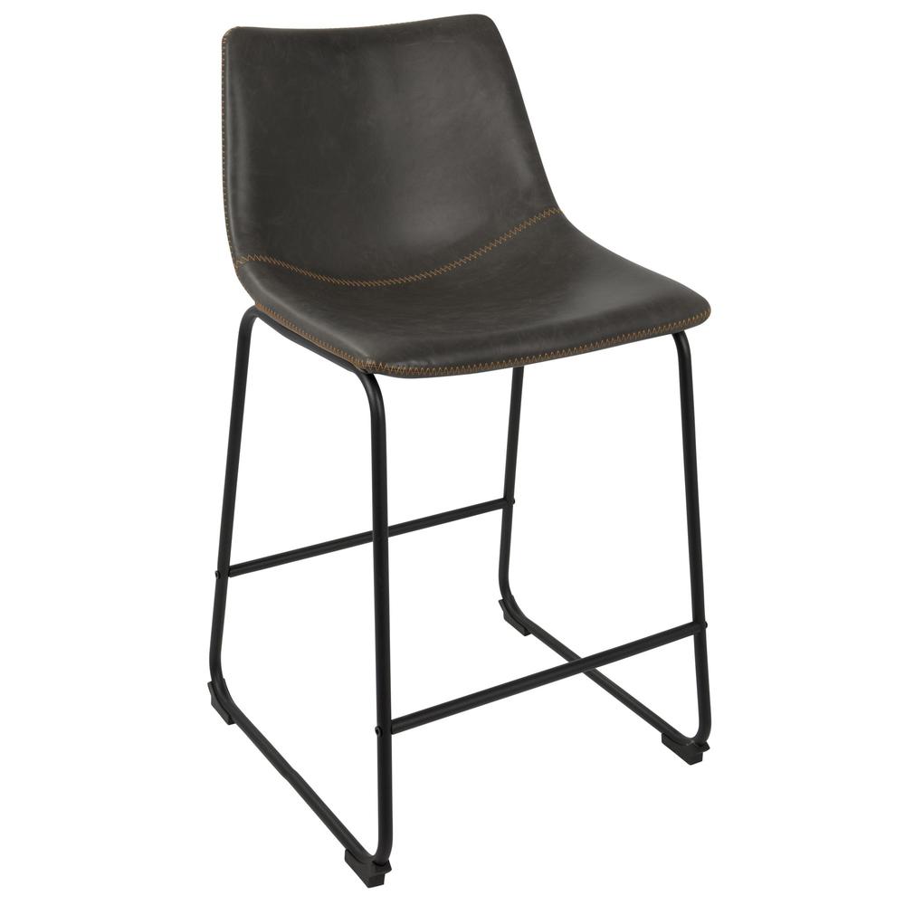 Duke 26" Industrial Counter Stool in Black with Grey Faux Leather and Orange Stitching - Set of 2. Picture 2