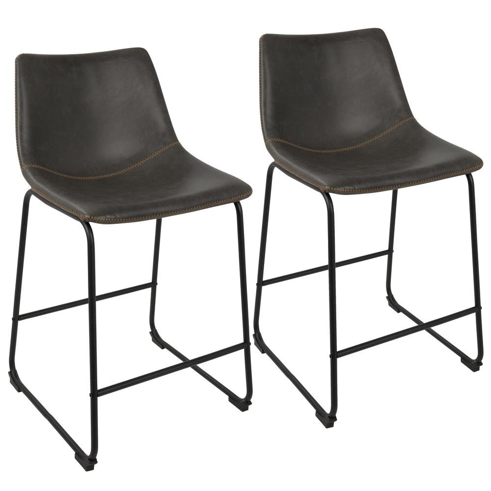 Duke 26" Industrial Counter Stool in Black with Grey Faux Leather and Orange Stitching - Set of 2. Picture 1