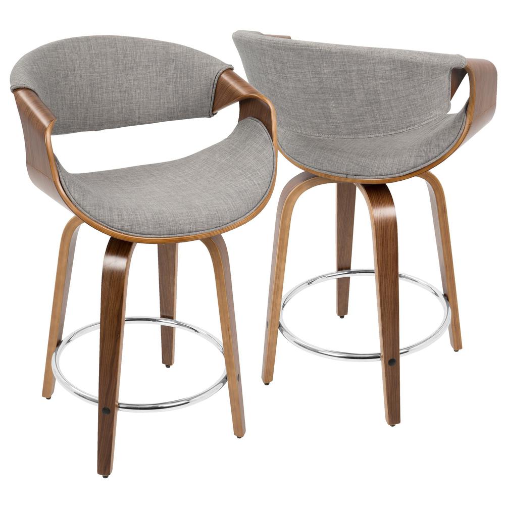 Curvini Mid-Century Modern Counter Stool in Walnut Wood and Light Grey Fabric - Set of 2. Picture 2