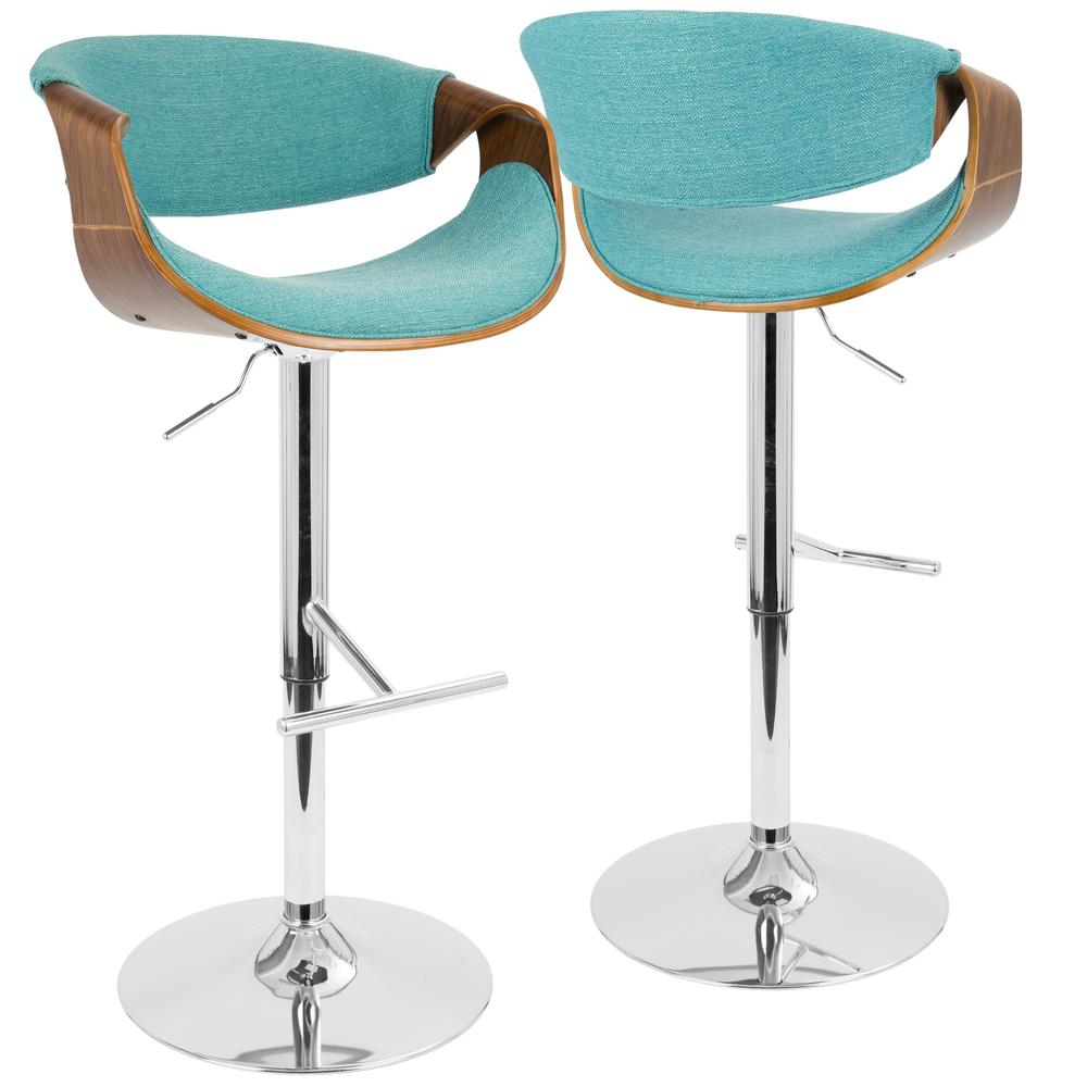 Curvo Mid-Century Modern Adjustable Barstool with Swivel in Walnut and Teal. Picture 1