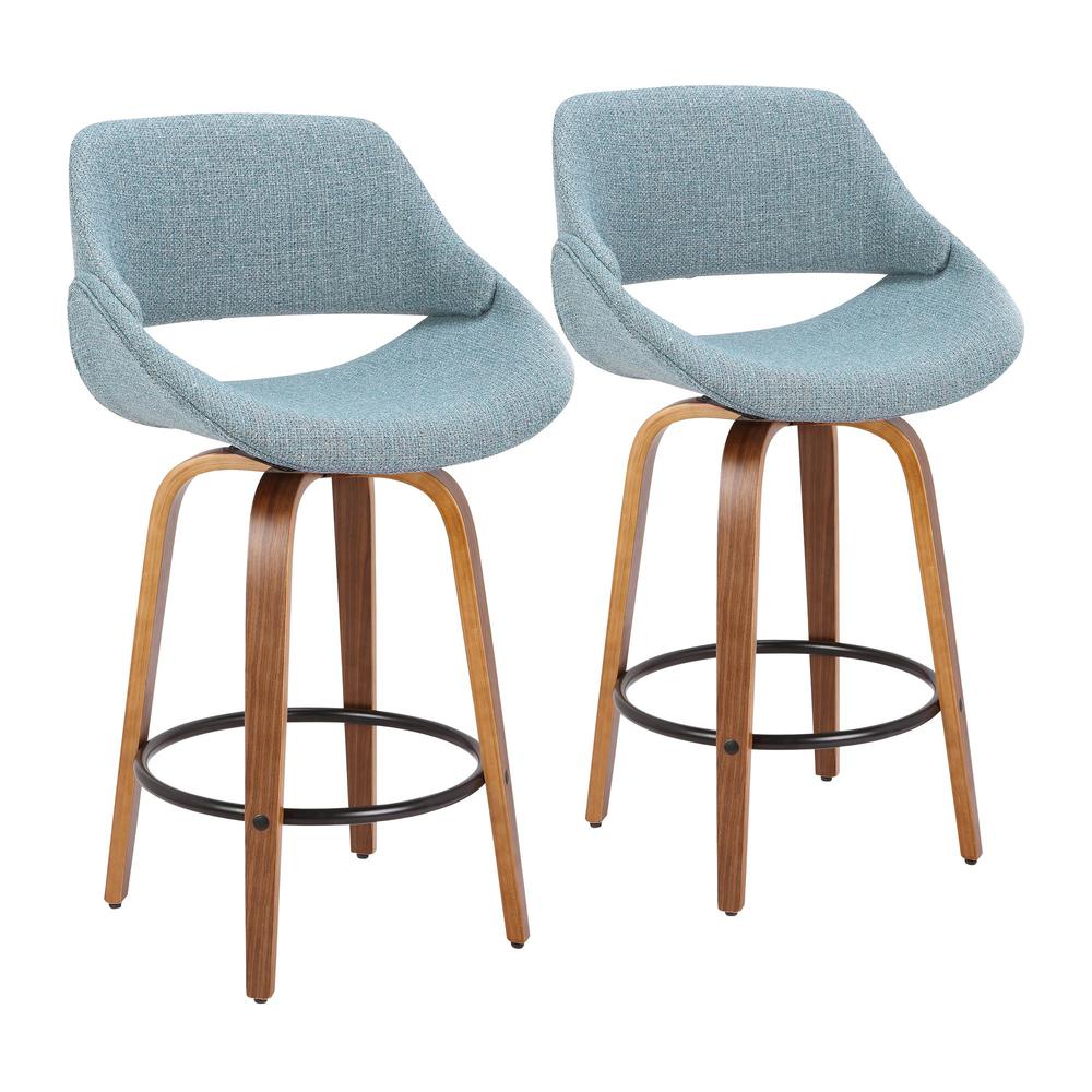 Fabrico Mid-Century Modern Counter Stool in Walnut and Blue Noise Fabric - Set of 2. Picture 1