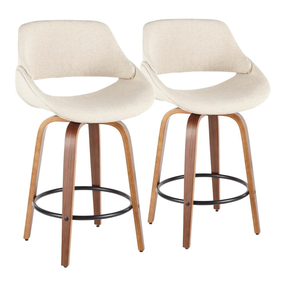 Fabrico Mid-Century Modern Counter Stool in Walnut and Cream Fabric - Set of 2. Picture 1