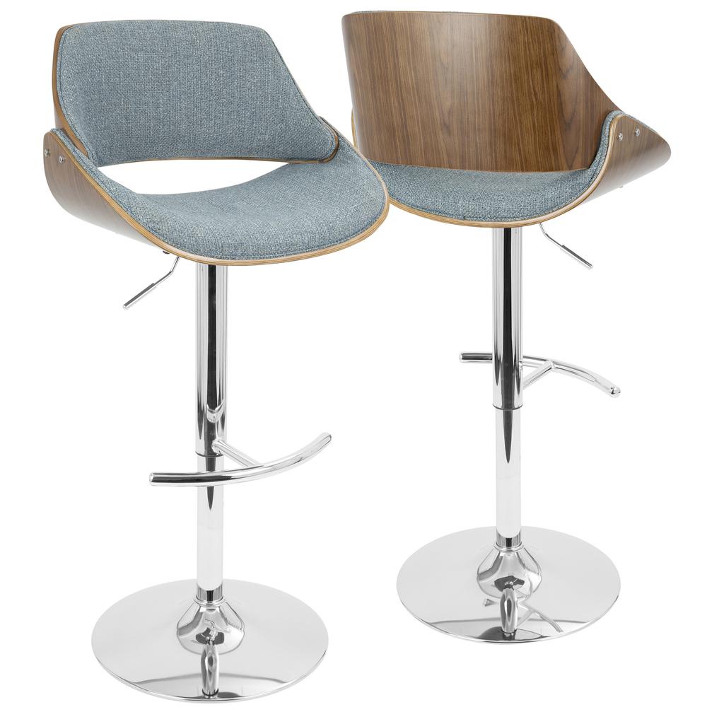 Fabrizzi Mid-Century Modern Adjustable Barstool with Swivel in Walnut and Blue. Picture 1