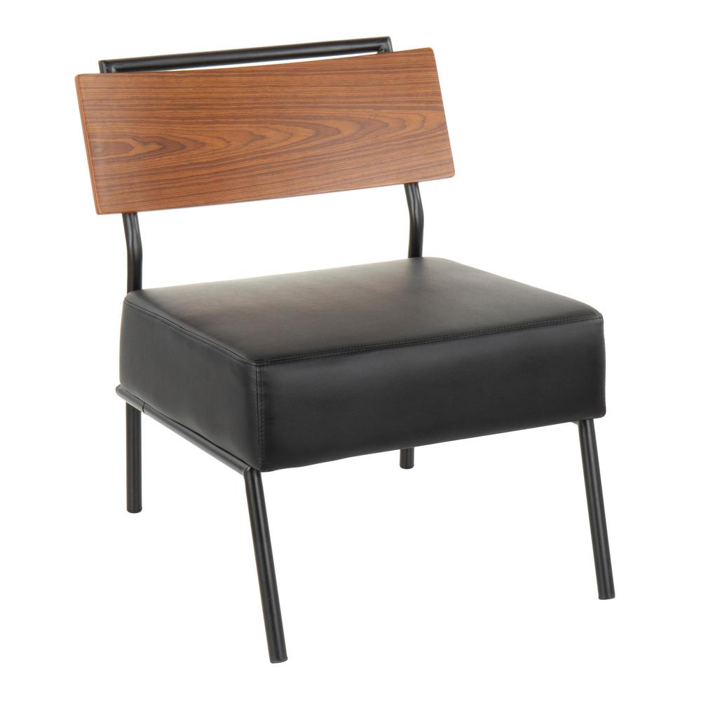 Fiji Contemporary Accent Chair in Black Faux Leather with Walnut Wood Accent. Picture 1
