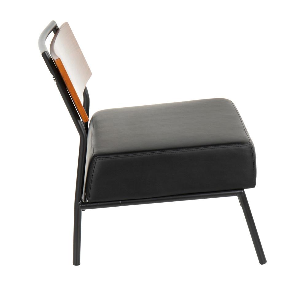 Fiji Contemporary Accent Chair in Black Faux Leather with Walnut Wood Accent. Picture 2