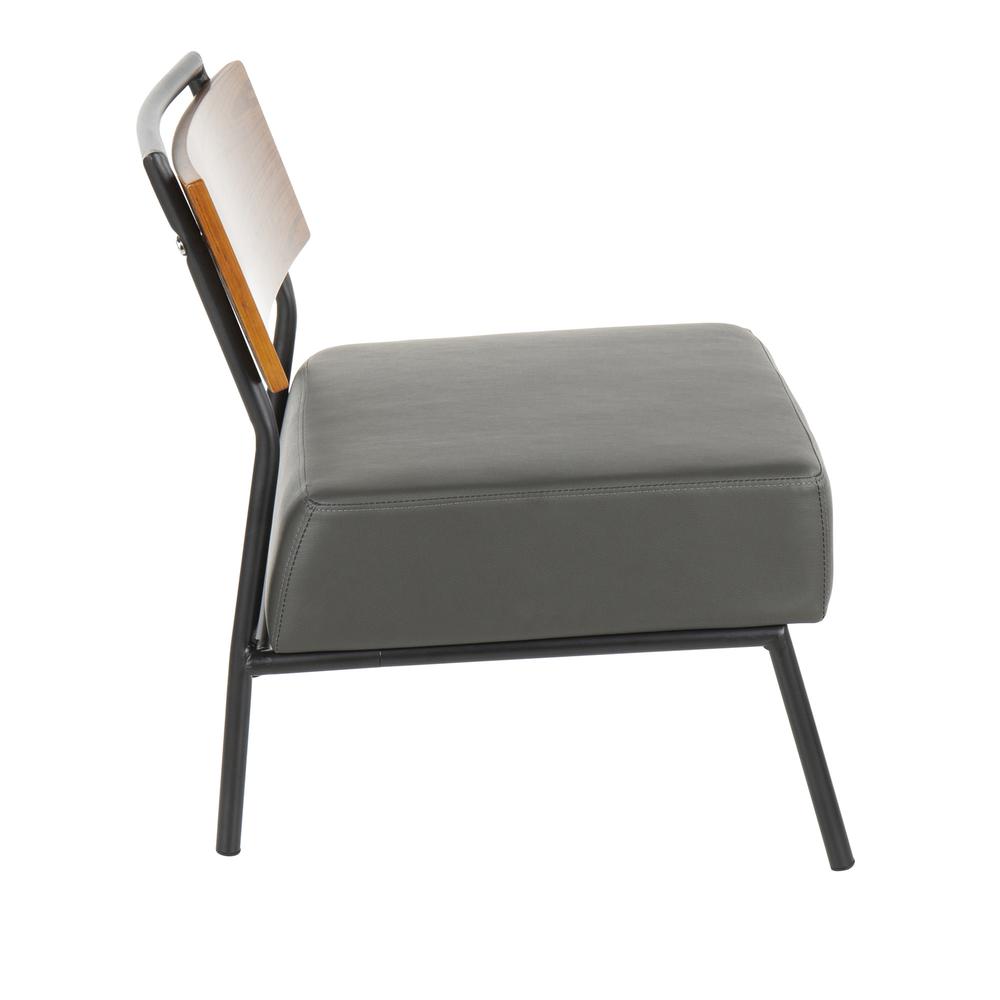Fiji Contemporary Accent Chair in Grey Faux Leather with Walnut Wood Accent. Picture 2