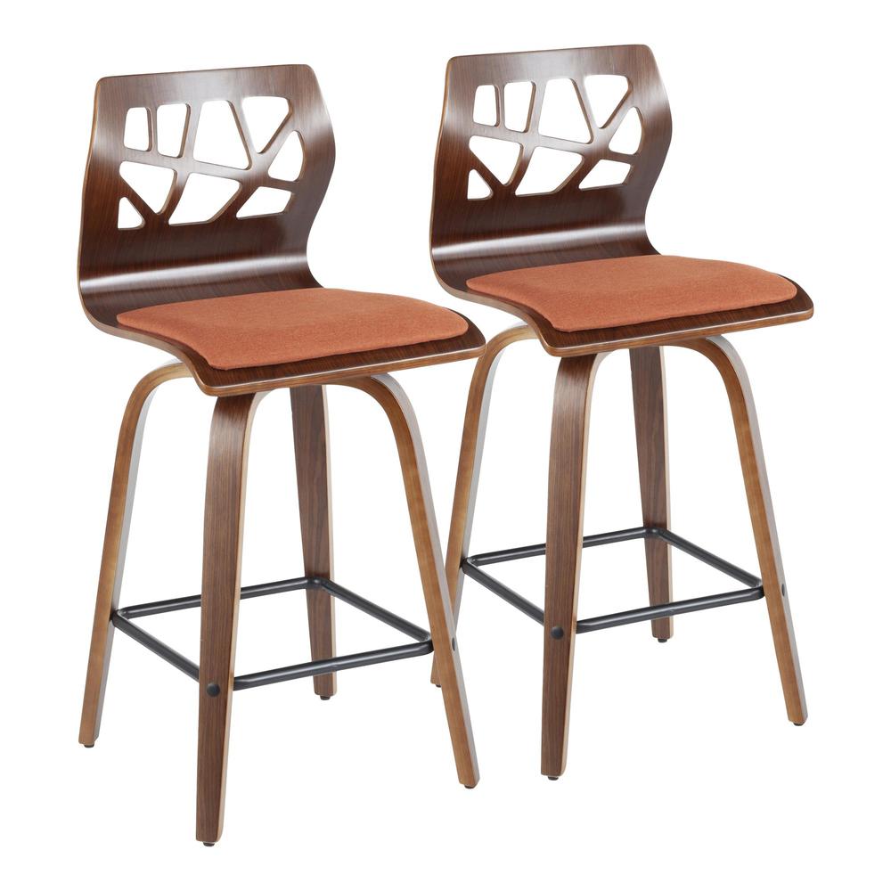 Folia Mid-Century Modern Counter Stool in Walnut Wood and Orange Fabric - Set of 2. Picture 1