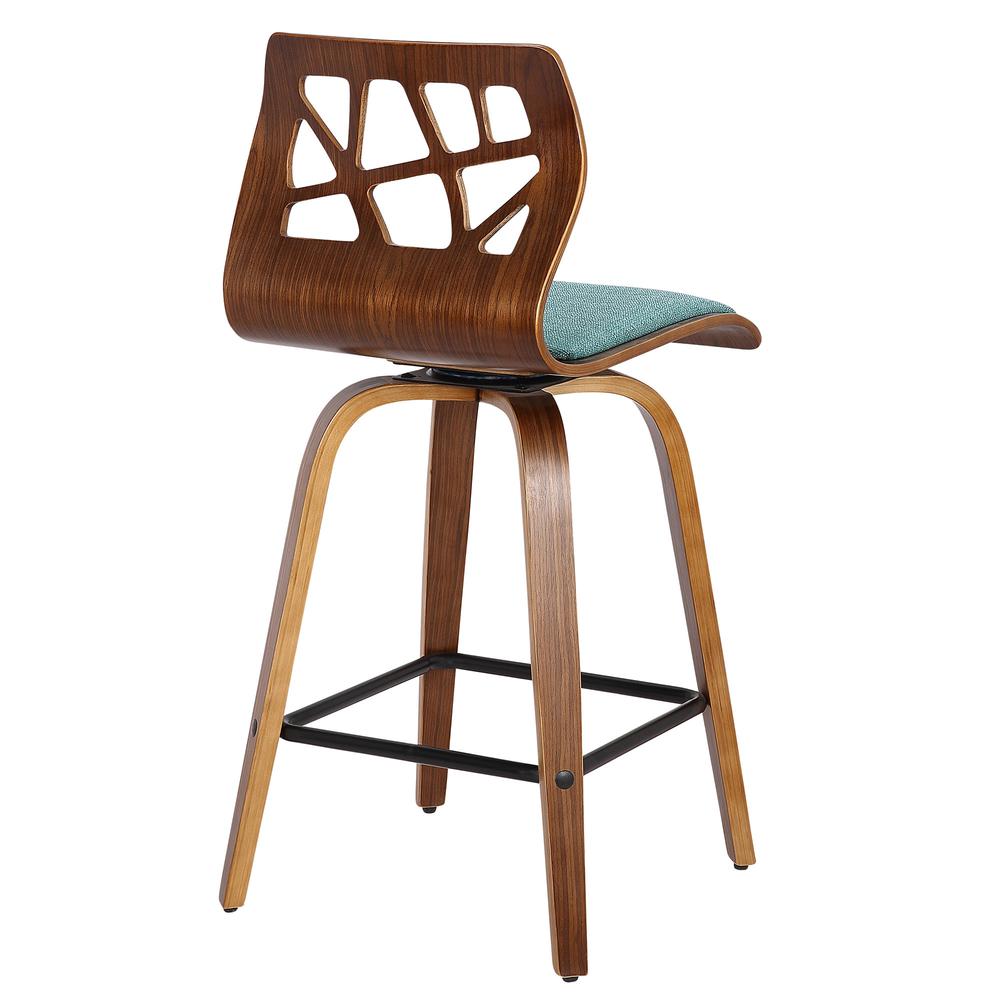 Folia Mid-Century Modern Counter Stool in Walnut Wood and Teal Fabric - Set of 2. Picture 5