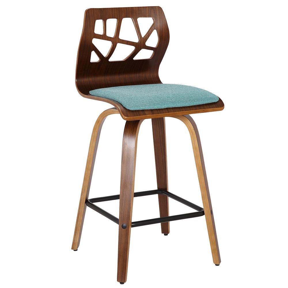 Folia Mid-Century Modern Counter Stool in Walnut Wood and Teal Fabric - Set of 2. Picture 2