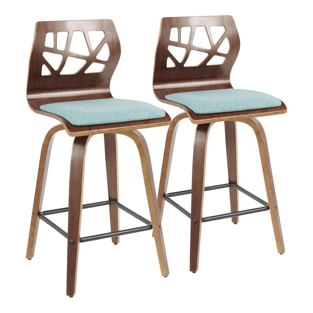 Folia Mid-Century Modern Counter Stool in Walnut Wood and Teal Fabric - Set of 2. Picture 1