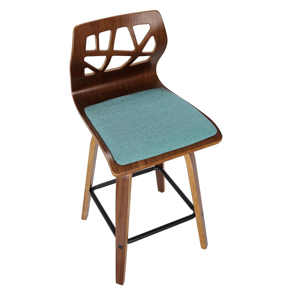 Folia Mid-Century Modern Counter Stool in Walnut Wood and Teal Fabric - Set of 2. Picture 7