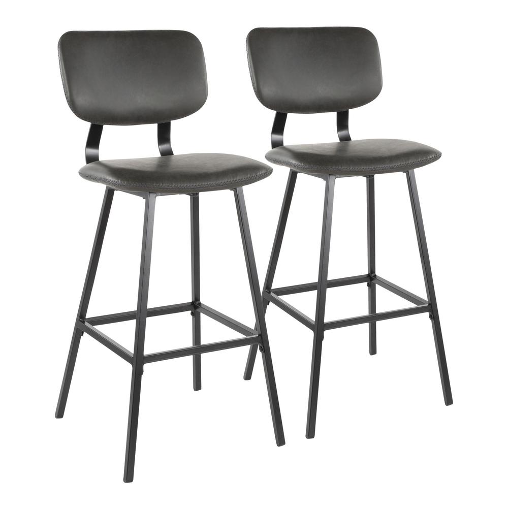 Foundry Contemporary Barstool in Black Metal and Grey Faux Leather with Grey Zig Zag Stitching - Set of 2. Picture 1