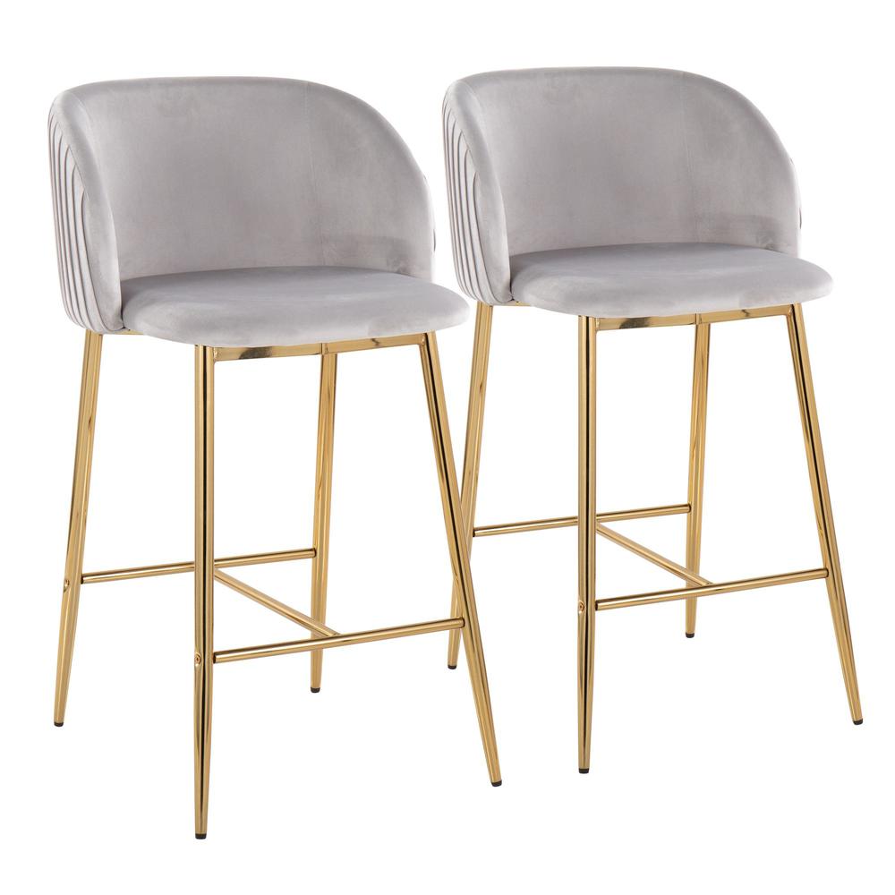 Gold Metal, Silver Velvet Fran Pleated Fixed-Height Counter Stool - Set of 2. Picture 1