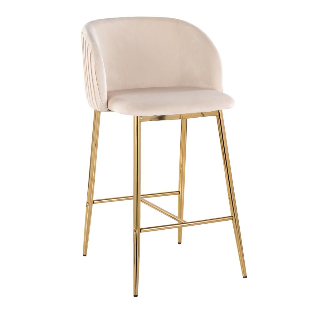 Gold Metal, White Velvet Fran Pleated Fixed-Height Counter Stool - Set of 2. Picture 2