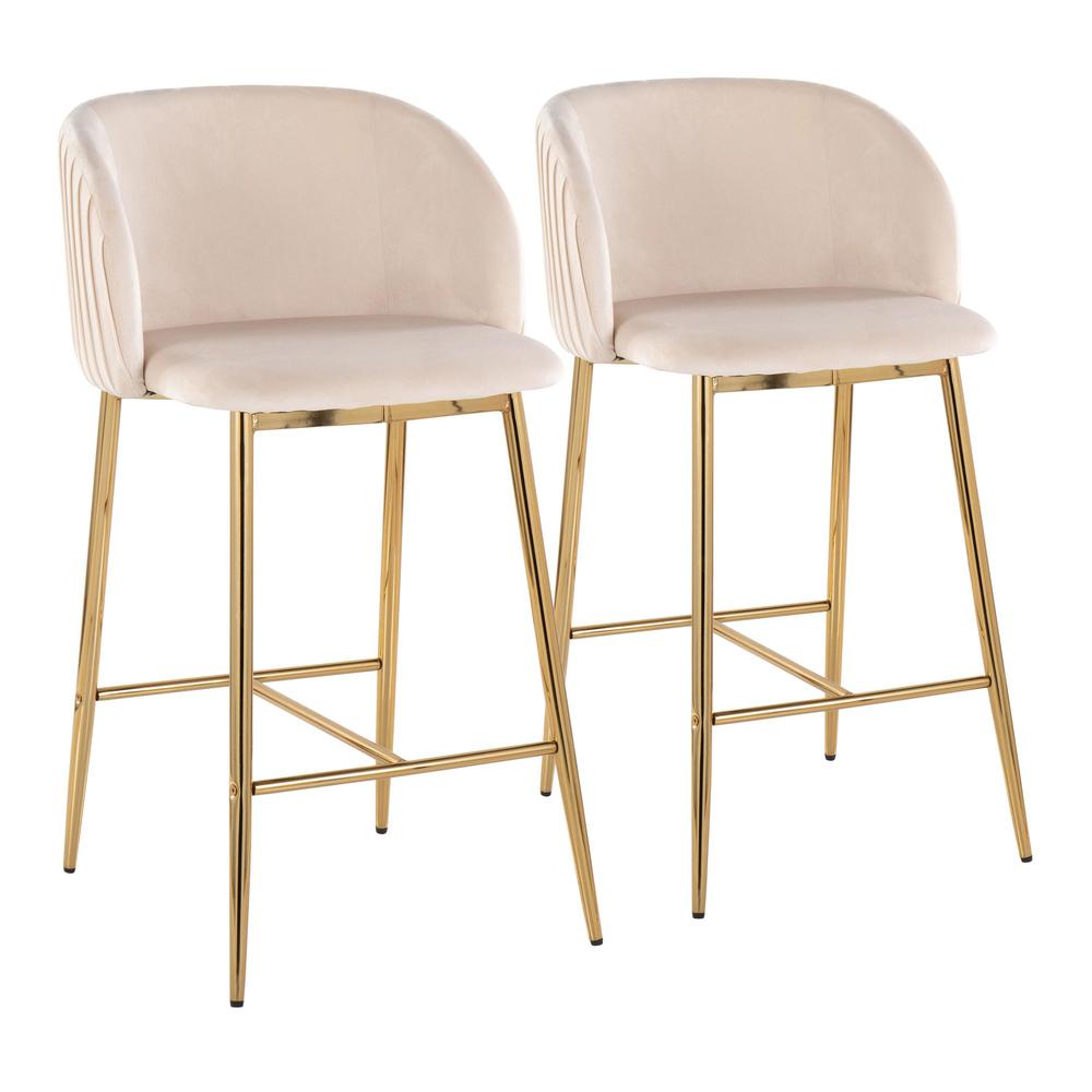 Gold Metal, White Velvet Fran Pleated Fixed-Height Counter Stool - Set of 2. Picture 1