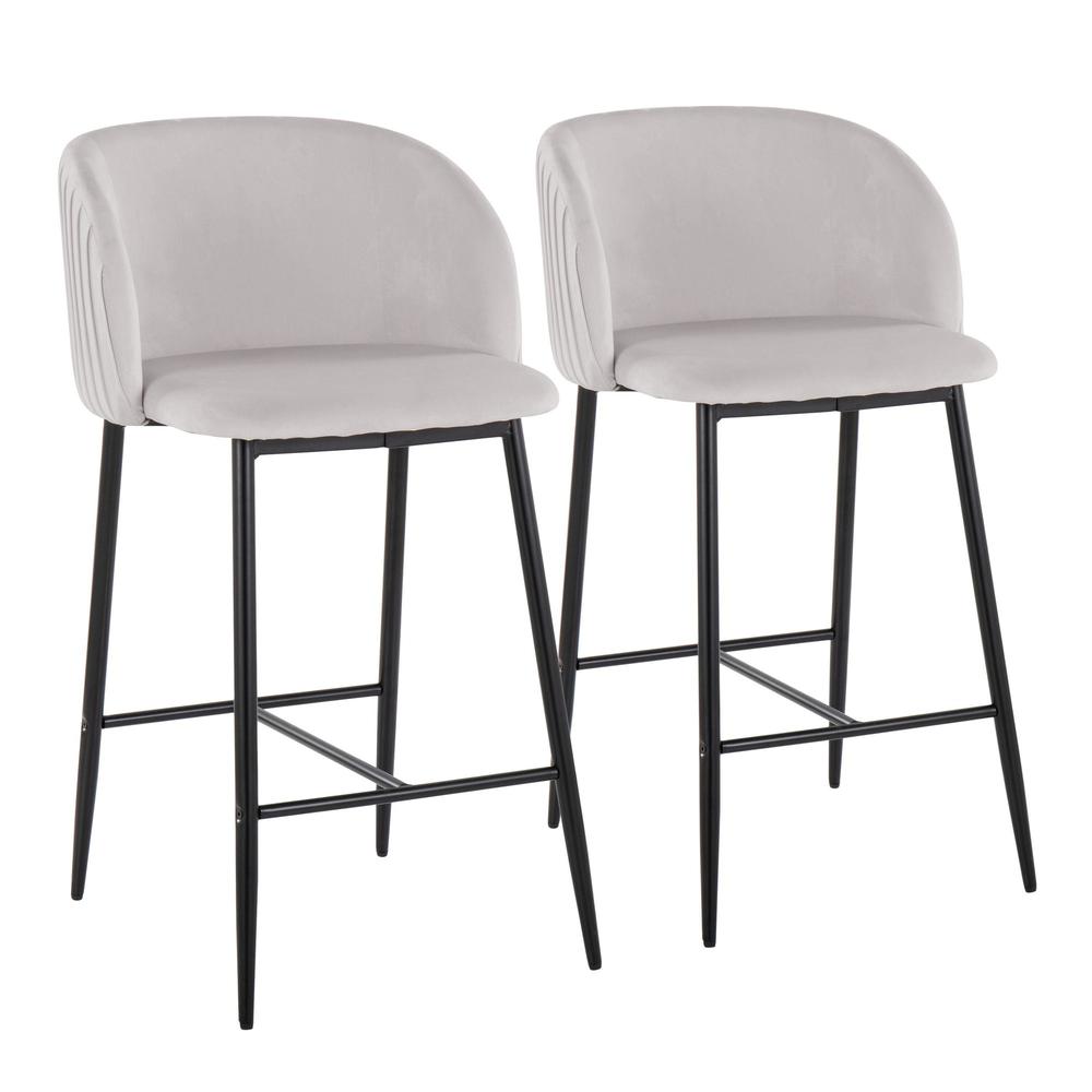 Black Metal, Silver Velvet Fran Pleated Fixed-Height Counter Stool - Set of 2. Picture 1
