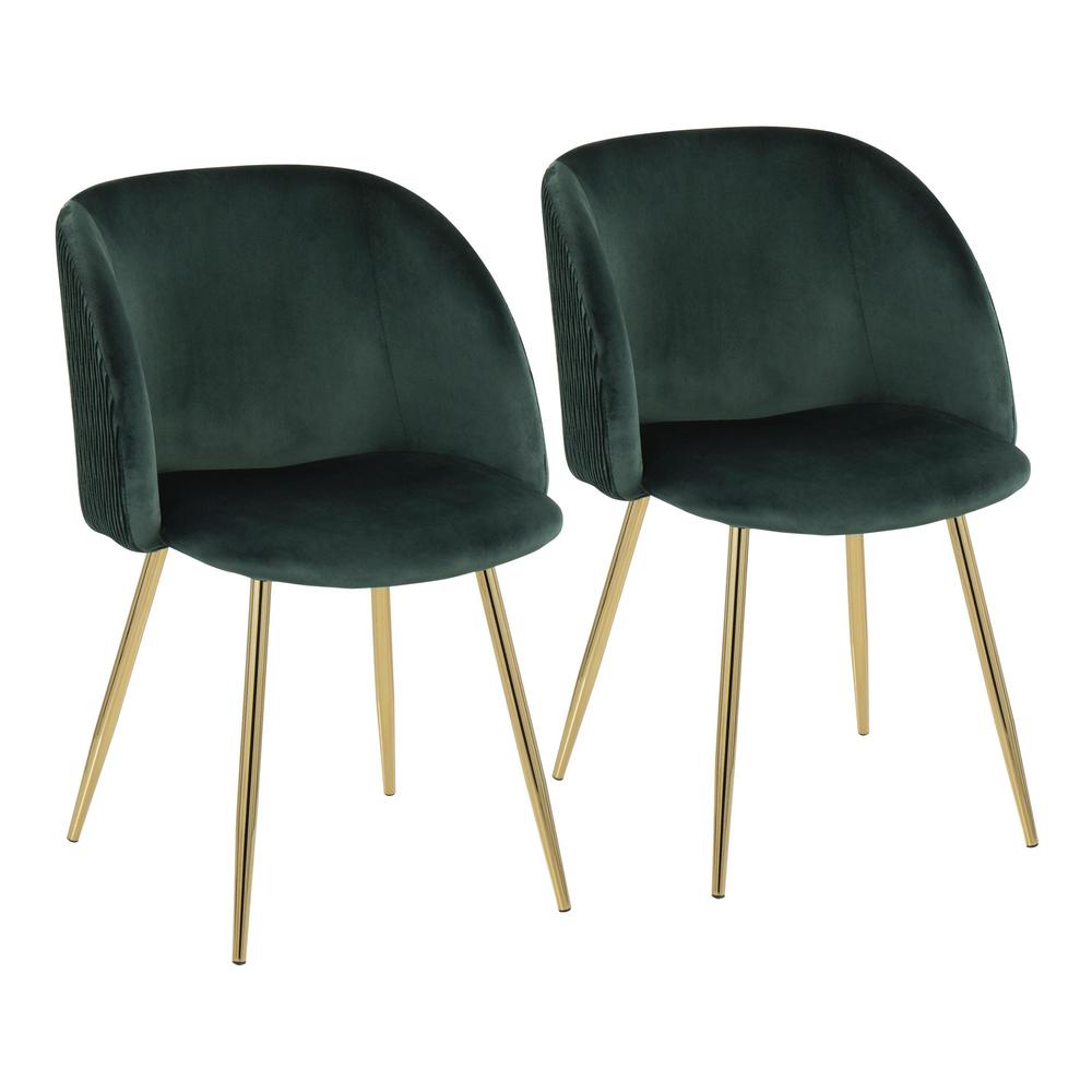 Gold Metal, Emerald Green Velvet Fran Pleated Waves Chair - Set of 2. Picture 1