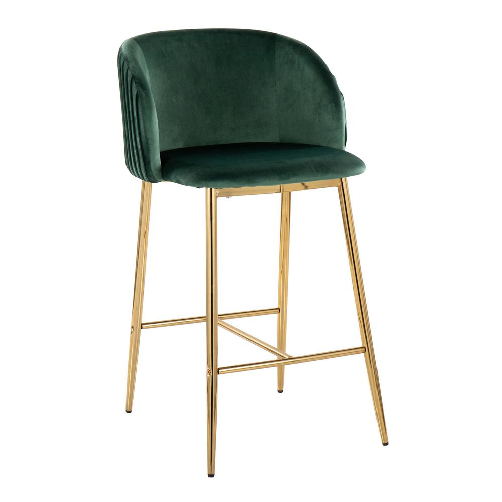 Gold Metal, Green Velvet Fran Pleated Fixed-Height Counter Stool - Set of 2. Picture 2