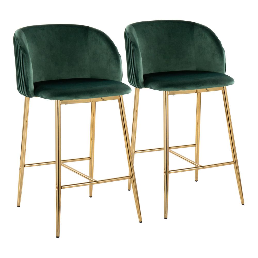 Gold Metal, Green Velvet Fran Pleated Fixed-Height Counter Stool - Set of 2. Picture 1